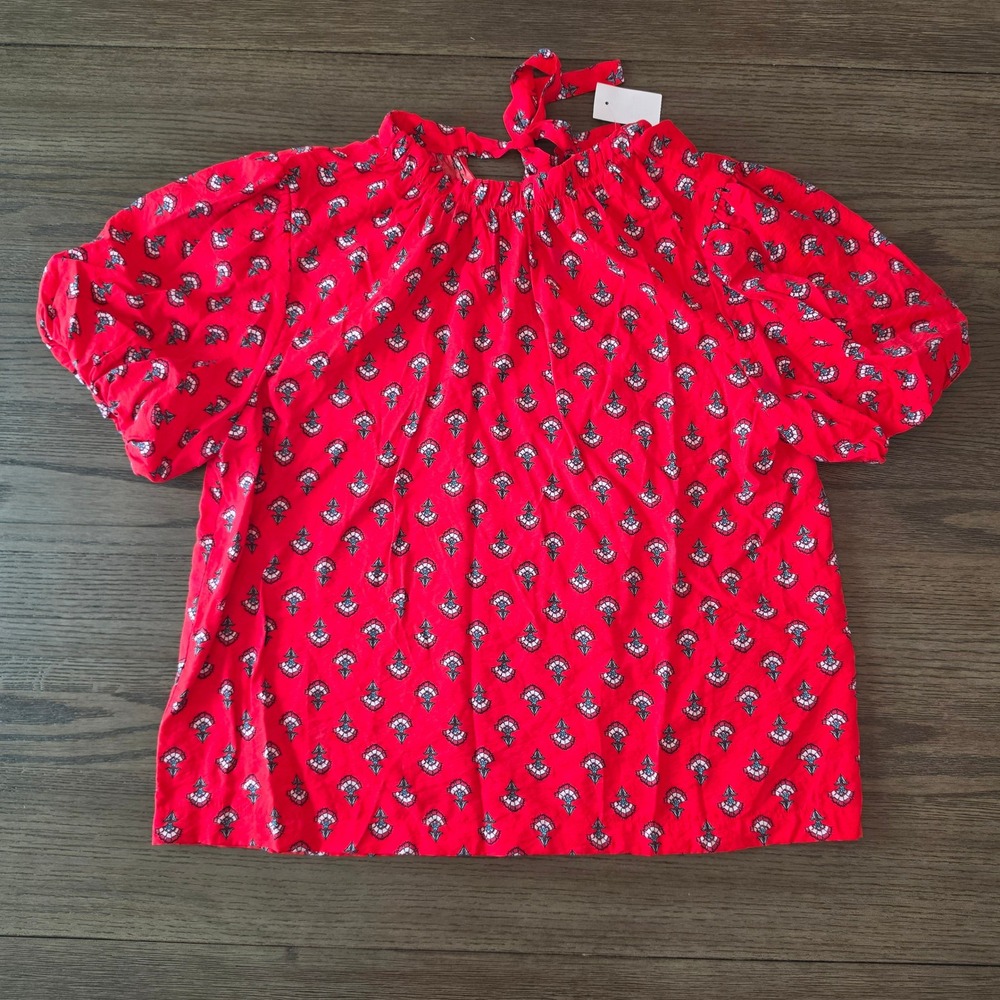 Ann Taylor Red Floral Medallion Puff Sleeve Tie Back Blouse Top Large NWT